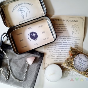 Pocket Pendulum Kit - Pendulum Dowsing Divination Set, Travel Size Tin, Rose Quartz, Amethyst, Cleart Quartz, Beginner&#39;s Crystal Pendulum