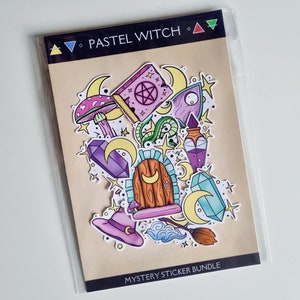 May include: A sticker sheet with a pastel colour scheme featuring a variety of witchy themed illustrations, including a door, a mushroom, a crystal, a potion bottle, a crescent moon, a witch's hat, and a broom. The sticker sheet is labelled "Pastel Witch" and "Mystery Sticker Bundle".