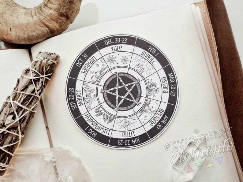 May include: A black and white wheel with the names of the eight pagan holidays and their dates. The wheel is divided into eight sections, each with a different symbol representing the holiday. The center of the wheel features a five-pointed star.