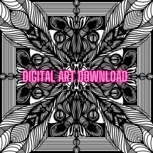 May include: Black and white digital art download with intricate, symmetrical patterns. The design features geometric shapes, lines, and floral-like elements. The text "DIGITAL ART DOWNLOAD" is in pink.