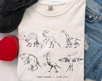 Camiseta con dibujo lineal de dinosaurio, Rawr significa Te amo
