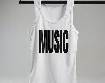 Camiseta sin mangas unisex con texto minimalista en negrita y la palabra "Concert MUSIC" (Música de concierto).