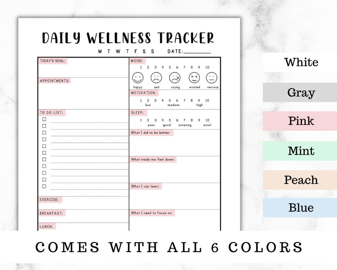 Daily Wellness Tracker Printable and Fillable PDF Wellness | Etsy