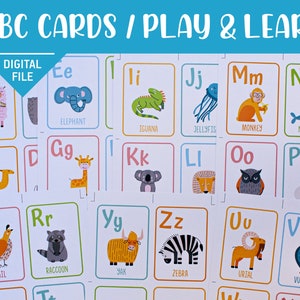Alfabet, ABC, dierenalfabet kaart spelen en leren set/ABC Flashcard set/letter leren/educatieve kaarten/digitaal afdrukbaar bestand