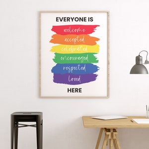 K&ouml;nnte beinhalten: Ein gerahmter Druck mit dem Text "Jeder ist willkommen, akzeptiert, gefeiert, ermutigt, respektiert, geliebt hier" in einem Regenbogen-Farbschema. Der Regenbogen besteht aus Pinselstrichen.