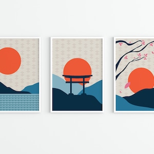 Set von 3 japanischen Landschaftsdrucken / Japanische Kunstdrucke | Minimalistische japanische Wandkunst / Set von Japan Postern / Digital PRINTABLE Download