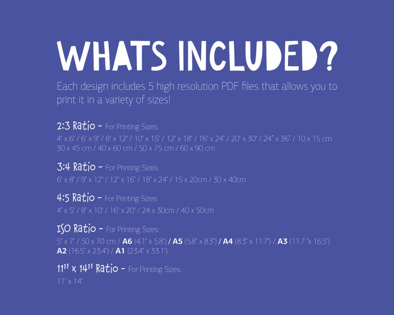 K&ouml;nnte beinhalten: Eine blaue und wei&szlig;e Grafik mit dem Text "WHATS INCLUDED?" und einer Liste verschiedener Verh&auml;ltnisse und Gr&ouml;&szlig;en f&uuml;r den Druck. Der Text erkl&auml;rt, dass jedes Design 5 hochaufl&ouml;sende PDF-Dateien enth&auml;lt, mit denen Sie in verschiedenen Gr&ouml;&szlig;en drucken k&ouml;nnen.