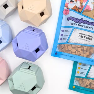 May include: An overhead shot shows several geometric dog toys in pastel colors, including pink, blue, and green. The toys are next to a bag of "snaggletoot" freeze-dried raw beef liver treats for dogs and cats. The bag has a blue background and contains small, brown, bite-sized pieces.
