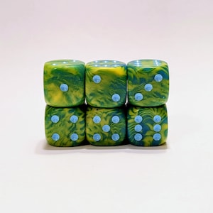 Verdant Vortex D6 Resin Dice Set | Swirling Green, Yellow & Blue | Set of 6D6 | 16mm