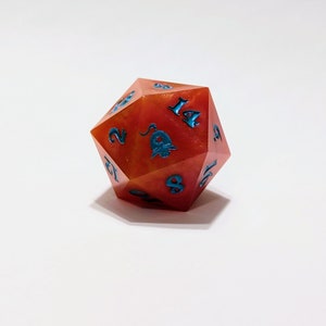 Sunburst 34mm Jumbo D20 Resin Dice | Orange, Yellow & Metallic Blue | Single D20