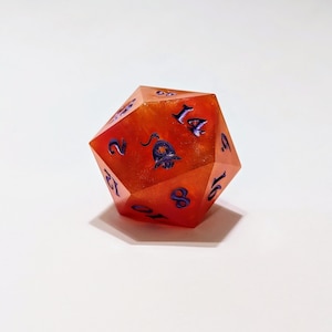 Dawn Fire 34mm Jumbo Resin D20 Dice | Sparkling Orange, Yellow & Metallic Purple | Single D20