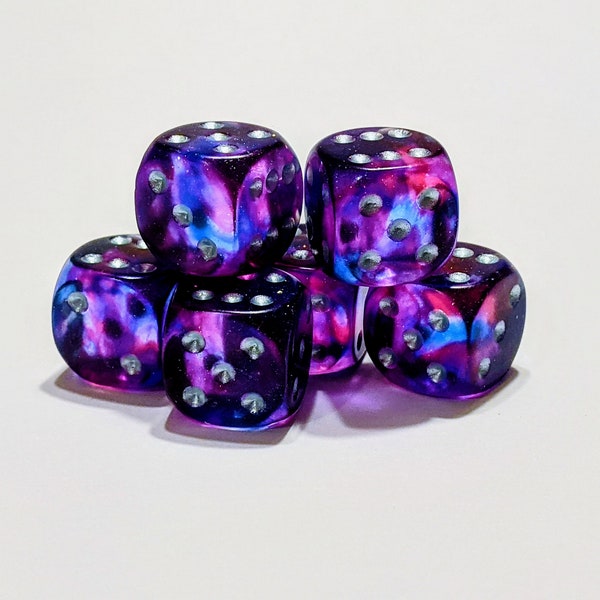 Starlight D6 Resin Dice | Purple, Blue & Pearl Silver | 16mm | Set of 6D6