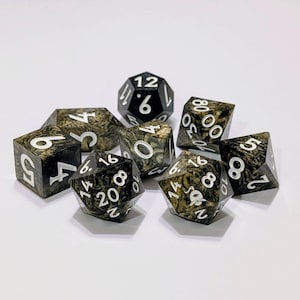 Black Sands Resin Dice Set | Swirling Black, Gold & White | Handmade 16mm | Includes Numbered D20 and Icon D20