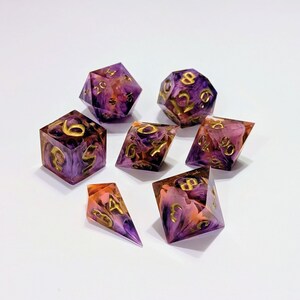 Infernal Equinox Resin Dice Set | Swirling Purple, Orange & Gold | Handmade 19mm