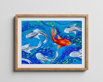 Koi Fish Art Painting Of Koi Fish Colorful Fish Print Art For Kids Room Colorful Art For Bathroom Painting Of Koi Fish In Pond