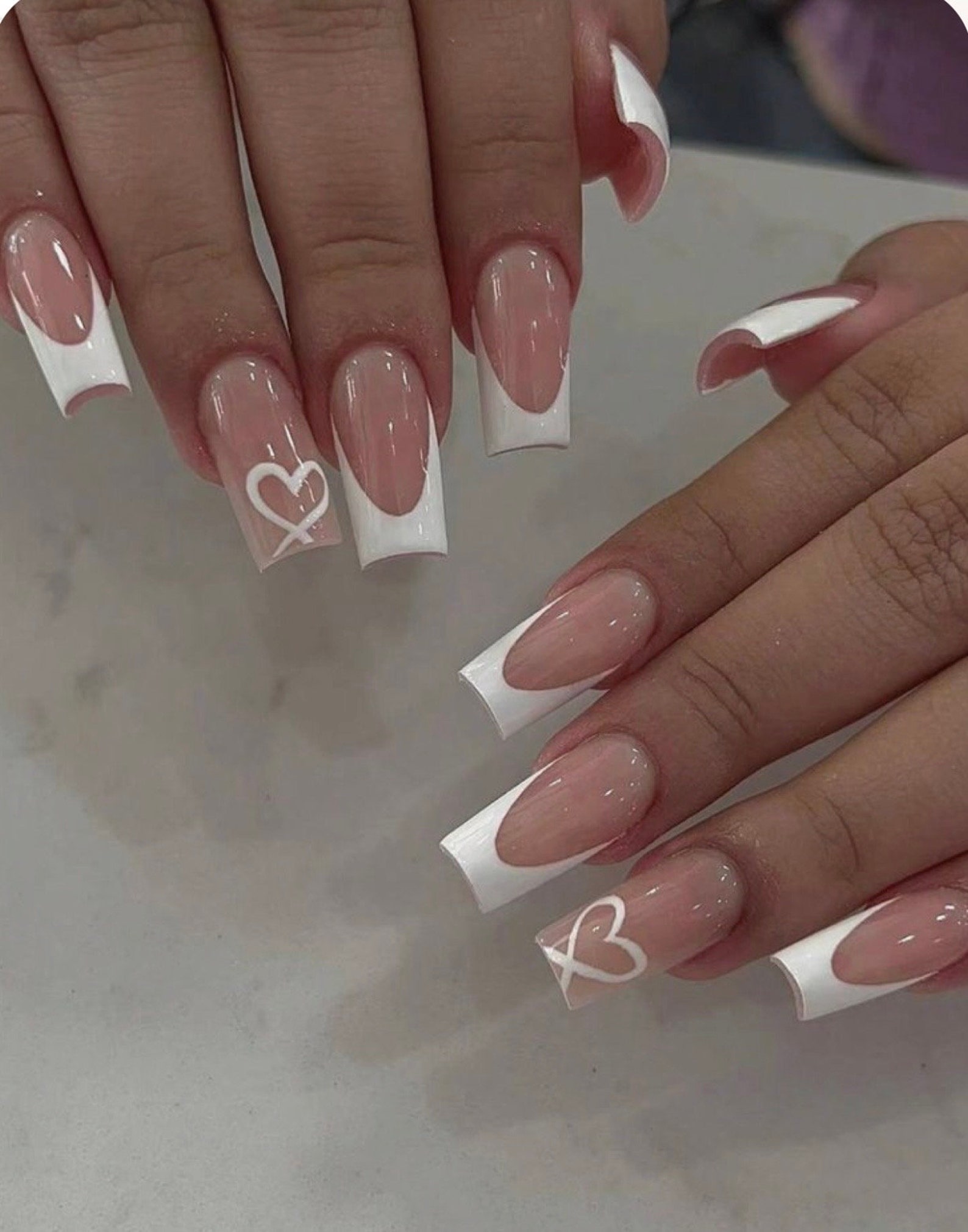 White French Tip With Heart Hand Painted Press On Nails Acrylic Il 1588xN.6163893741 Gf0x