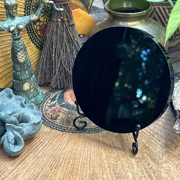 Black Obsidian Scrying Mirror with Complimentary Black Metal Stand (118 mm)