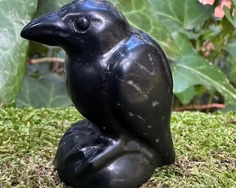 May include: A polished black obsidian raven figurine. The raven is perched on a small base, with a detailed beak and eye. The figurine is set against a backdrop of green moss and foliage. The text "Black Obsidian" is at the bottom.