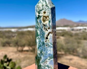 Large Moss Agate Tower with Druzy – 8" Polished Crystal Point