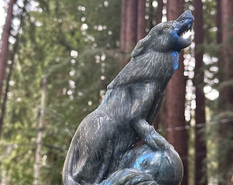 Moonlit Serenade: A Celestial Labradorite Wolf Sculpture