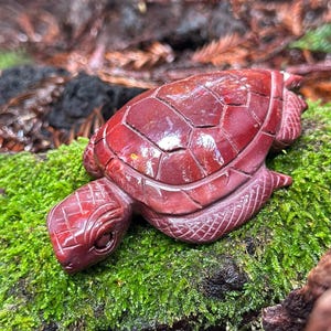 May include: A carved red turtle figurine with detailed shell patterns, resting on a bed of vibrant green moss. The turtle's head and flippers are also intricately carved, showcasing the craftsmanship of the piece.