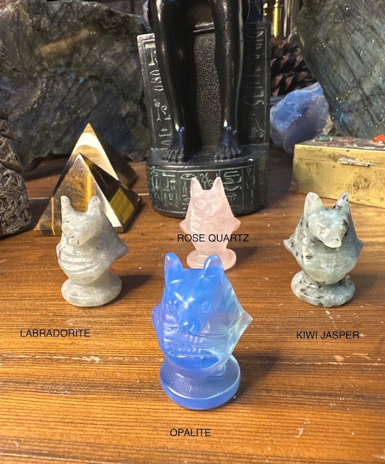 May include: A collection of carved crystal figurines, including Labradorite, Rose Quartz, Opalite, and Kiwi Jasper. Each figurine is a stylized cat head on a pedestal base. The background includes a black statue and other crystals.