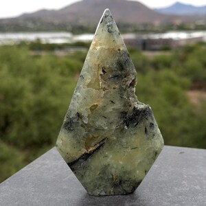 Black Tourmaline in Prehnite Flame | Natural Inclusion Stone Carving | Green Crystal Flame