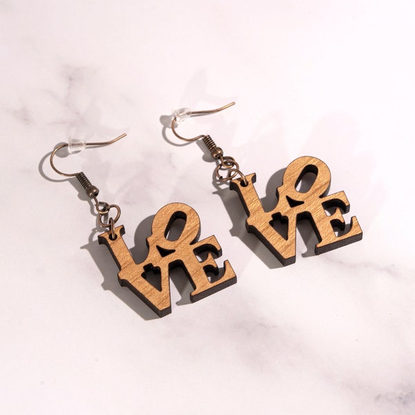 LOVE Dangle Earrings | Wood, Red and Neon Pink Acrylic LOVE Sculpture Valentine's Day Gift For Her
