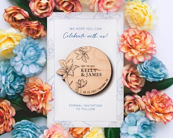 Save the Date Wood Magnet + Card Floral Themed Wedding