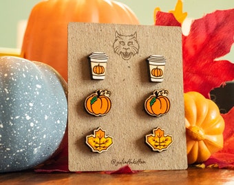 Pumpkin Spice Latte Leaf Wood Stud Earring Set | Fall Halloween gift