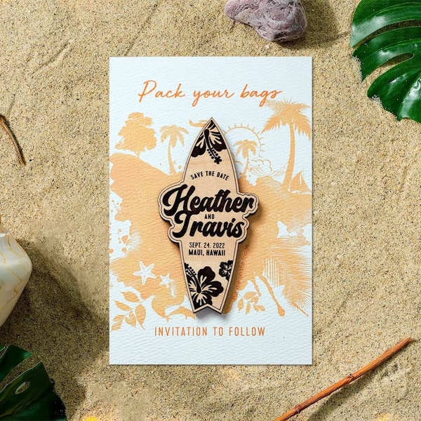 Save the Date Wood Magnet + Card Island Themed Wedding | Surfboard Destination Beach Wedding