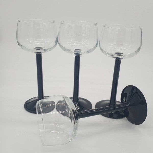 Vintage Luminarc Durand Vin Du Rhin Black Stem Wine Cordial Appertif Glasses Set of Four (4)