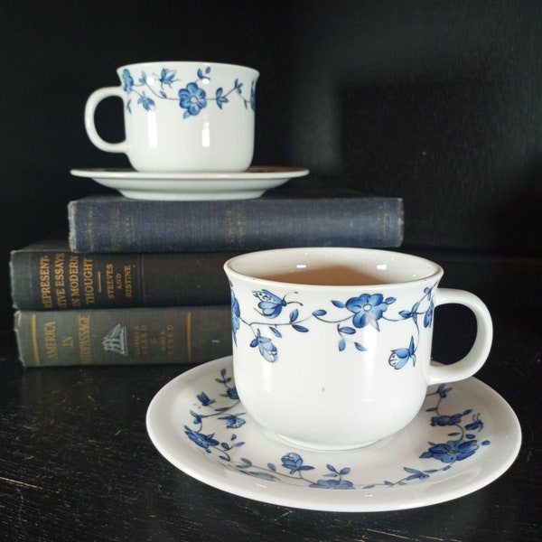 Vintage Haviland Aluminite Pebble Fleurs Bleues Coffee Tea Cups And Saucers Set Of Two (2) Limoges, France