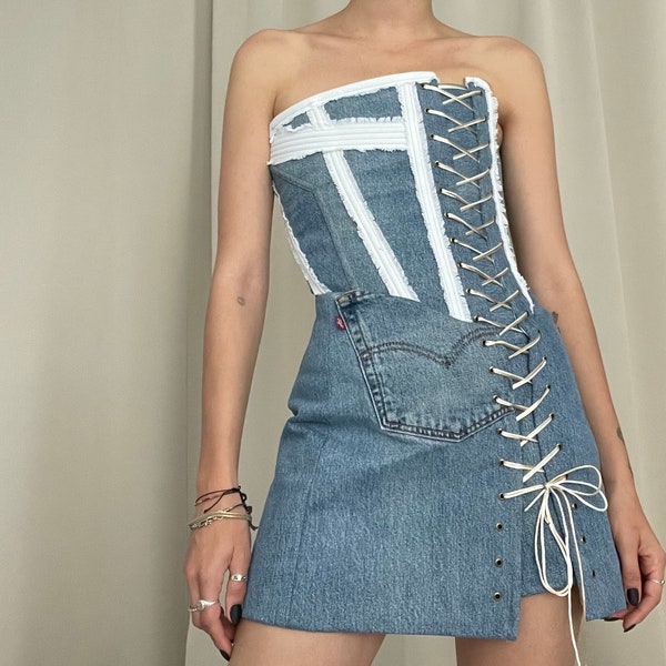 Levi's denim asymmetric dress made out of Levi's jeans. Request in your size. Thrift flip. Up-cycled. Sustainable slow fashion