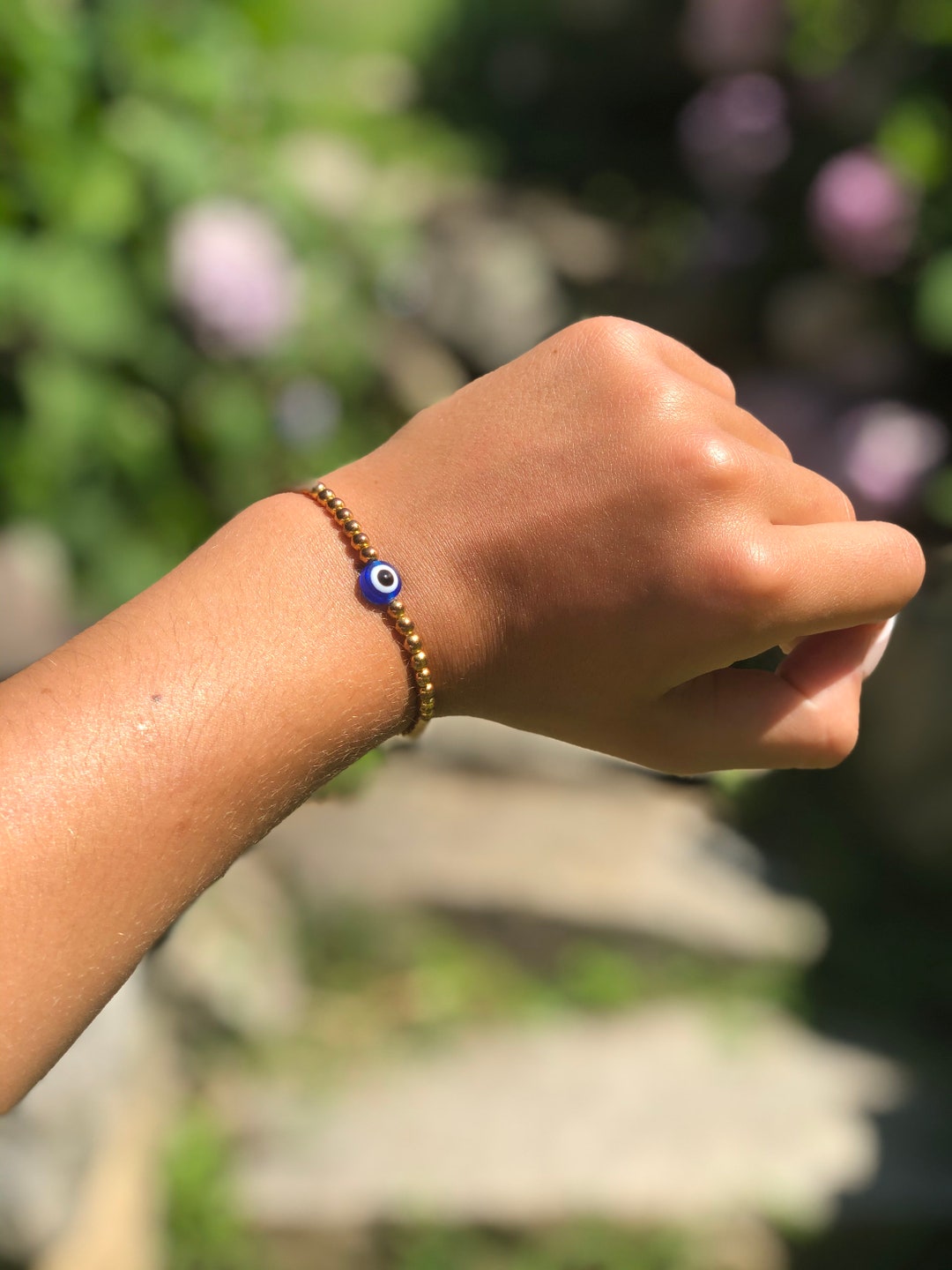 Gold Beaded Bracelet With Blue Eyeball Etsy UK