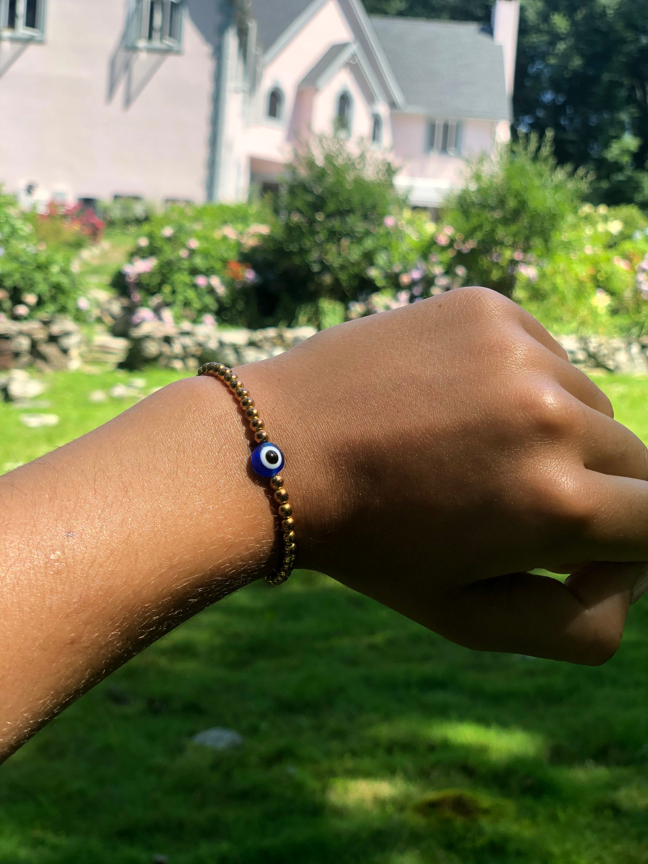 Gold Beaded Bracelet With Blue Eyeball Etsy UK