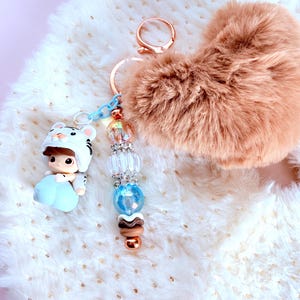 Beaded Dimoo and Plush Heart Bag Charm | Purse Charm | Keychain Accessory | Gift for Her | Cute Bag Dangle | Custom Charm for Tote  Backpack