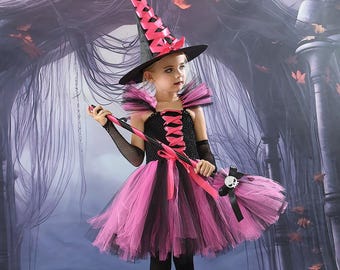 Pink Halloween Witch Dress-Witch Costume Kids-Witch Hat-Celestial Dress-Pinafore Dress-Halloween Clothes