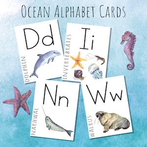 Cartes Alphabet Océan | Cartes Flash aquarelle Charlotte Mason sur le thème des animaux de l'océan Montessori Waldorf