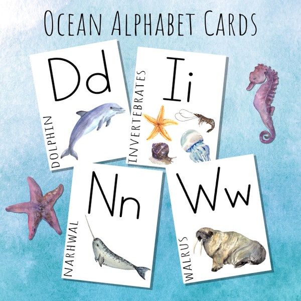 Ocean Alphabet Cards | Ocean Animal Themed Charlotte Mason Watercolor Flash Cards Montessori Waldorf