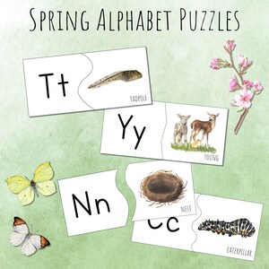 Rompecabezas del alfabeto de primavera, autocorrección Montessori, descarga digital imprimible, estudio de unidad de primavera y Pascua, actividades fonéticas