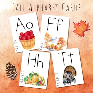 Cartes d'alphabet sur le thème de l'automne | Cartes Flash aquarelle Charlotte Mason sur le thème de l'automne Montessori Waldorf