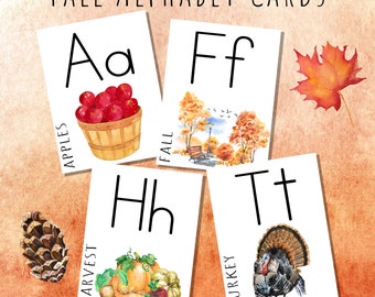 May include: Fall alphabet cards with illustrations of apples, fall leaves, a harvest scene, and a turkey. The letters A, F, H, and T are shown in uppercase and lowercase.