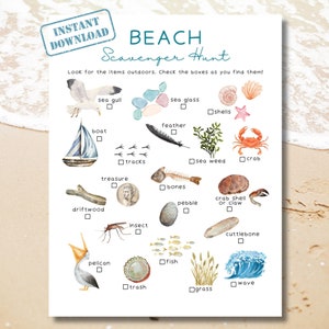 May include: A printable beach scavenger hunt checklist with watercolor illustrations of items to find, such as a seagull, boat, seashells, feather, seaweed, crab, treasure, driftwood, bones, pebble, crab shell, insect, fish, cuttlebone, pelican, trash, grass, and wave.