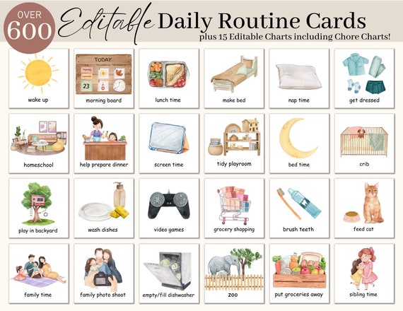 Editable Kids Daily Routine Cards | Daily Visual Schedule | Chore Chart for Kids, Daily Rhythm Schedule for Toddlers, Preschool and Children