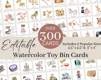 May include: Over 300 watercolor toy bin cards in two sizes: 2.5 inches by 2.5 inches and 3 inches by 1 inch. The cards feature illustrations of various toys, including dolls, dinosaurs, wooden animals, tea sets, and more.
