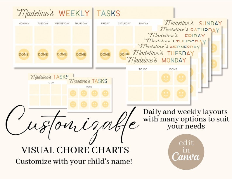 Editable Kids Daily Chore Cards | Daily Visual Schedule | Canva Chore ...
