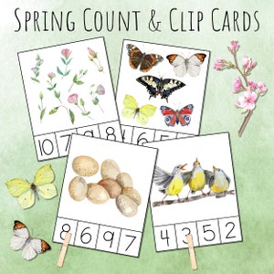 Frühlingszählung und Clipkarten Nummer 1-20, druckbarer digitaler Download, Frühling und Ostern Einheitsstudie, Frühes Zählen