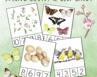 Tarjetas de clip y conteo de primavera número 1-20, descarga digital imprimible, estudio de unidad de primavera y Pascua, conteo temprano