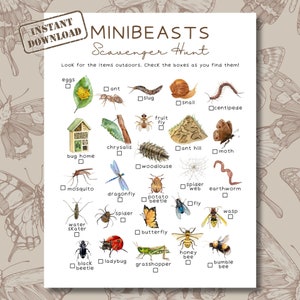 May include: A printable scavenger hunt checklist with illustrations of various insects and bugs, including a ladybug, butterfly, dragonfly, and a wasp. The checklist includes the words "Mini Beasts Scavenger Hunt" and "Look for the items outdoors. Check the boxes as you find them!"